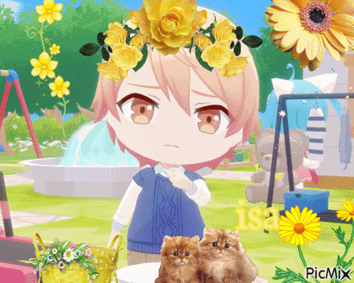 a girl with a flower crown on her head is surrounded by kittens