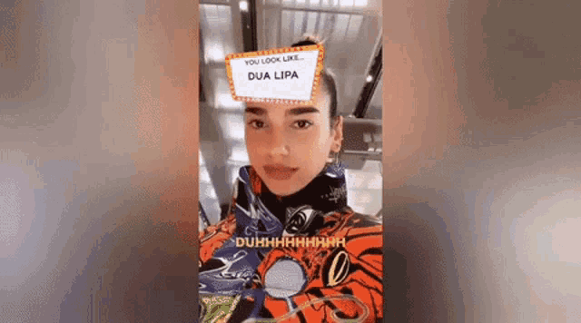 dua lipa is wearing a filter that says `` you look like dua lipa '' on her head .