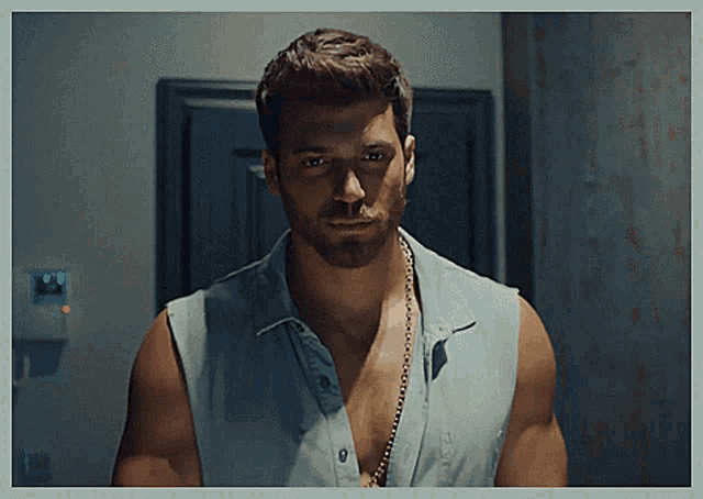a man with a beard is wearing a sleeveless shirt and a chain around his neck