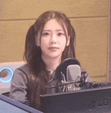 a girl with pigtails is sitting in front of a microphone in a recording studio .