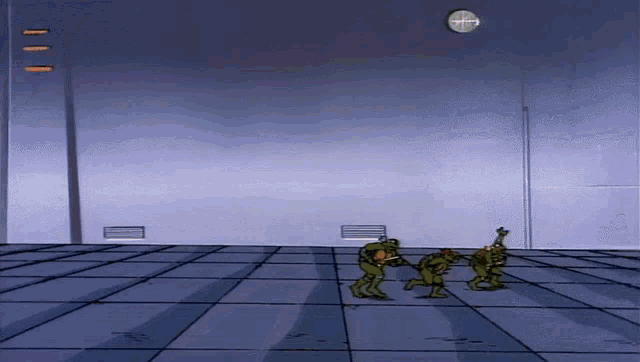 a cartoon scene with a clock in the background