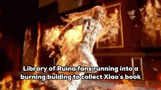 a woman running through a burning building with the words library of ruina fans running into a burning building to collect xiao 's book