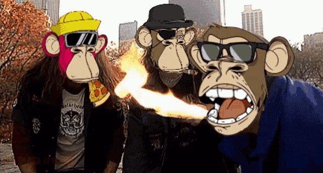 three monkeys wearing sunglasses and hats are standing next to each other with one holding a pizza