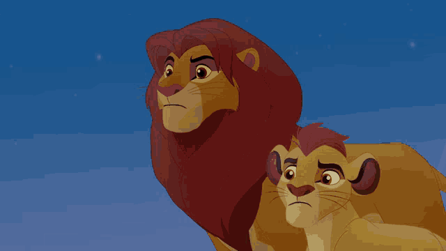 a cartoon of a lion and a cub looking up