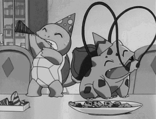 a black and white cartoon of squirtle and bulbasaur sitting at a table .