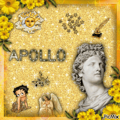 a statue of apollo is surrounded by flowers and a picture of betty boop