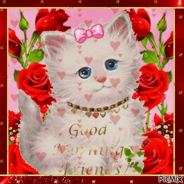 a picture of a white kitten surrounded by red roses and hearts with the words good morning friends