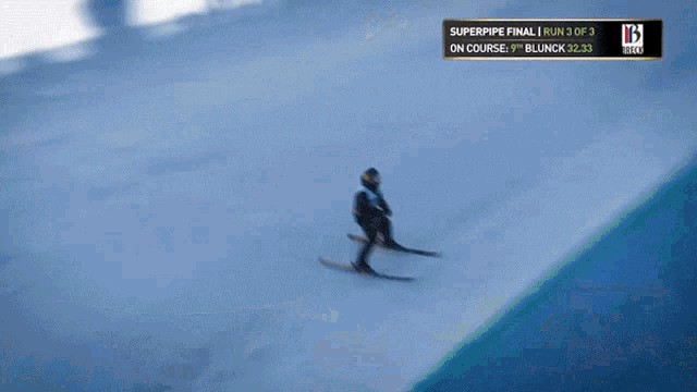 a person is skiing down a snowy slope with the words superpipe final on top