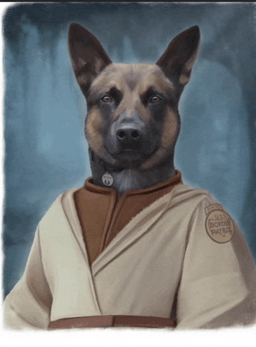 a painting of a german shepherd wearing a u.s. border patrol uniform