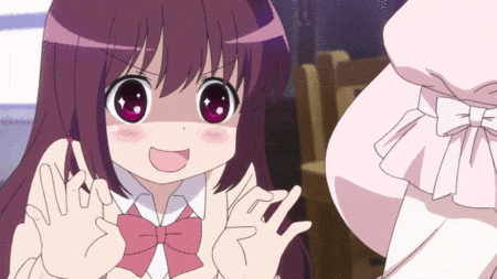 a girl with purple hair and a pink bow on her bow tie