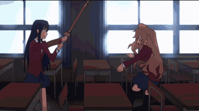 a girl is holding a sword in a classroom