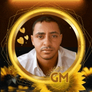 a man in a white shirt is in a gold frame with gm written on it .
