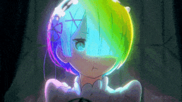 a rainbow colored anime girl with a flower in her hair .