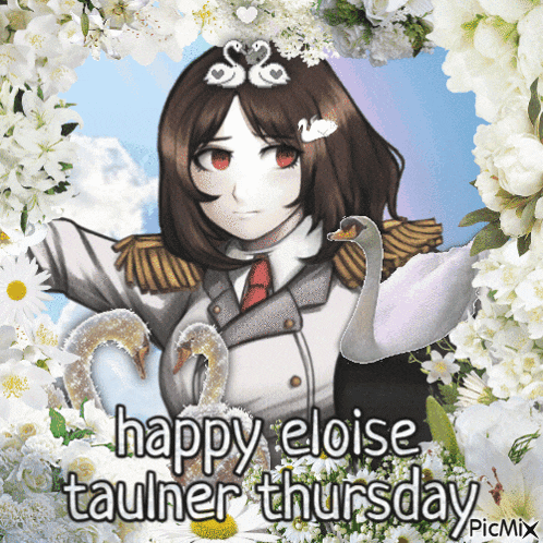a picture of a girl and swans with the words happy eloise tauler thursday