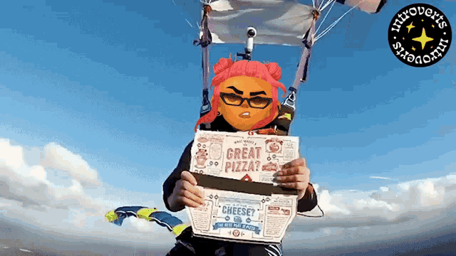 a person is holding a box that says " great pizza "