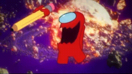 a red among us character is holding a pencil in a galaxy .