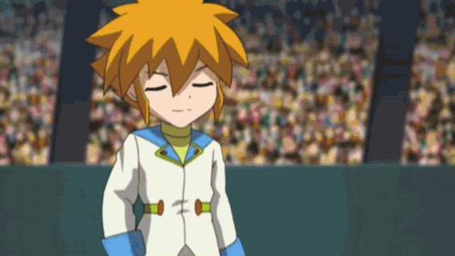 a cartoon character is standing with his eyes closed in front of a crowd