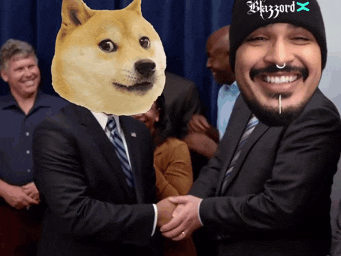 a man in a suit and tie shakes hands with a doge wearing a blizzard hat