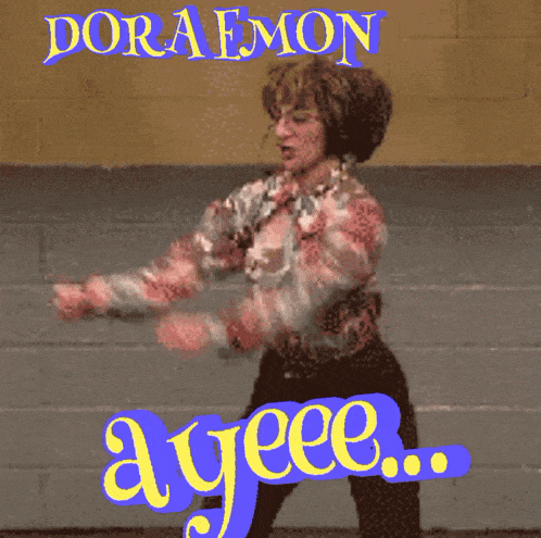 a woman with a microphone on her head is dancing in front of a sign that says ayeee