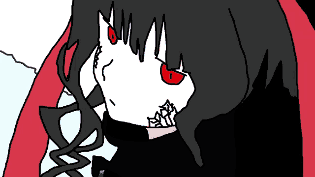a drawing of a person with red eyes and black hair