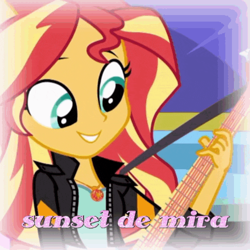 sunset shimmer from my little pony equestria girls is holding a guitar