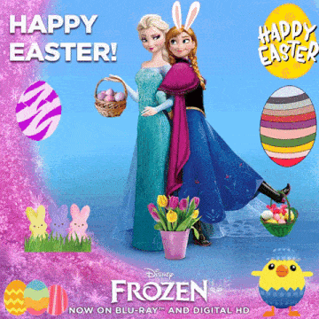 a poster for the movie frozen shows elsa and anna holding baskets of easter eggs