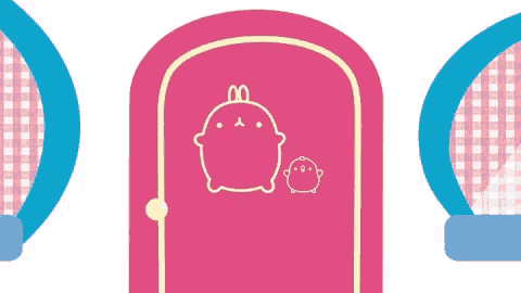 a pink door with a bunny and a baby bunny on it .