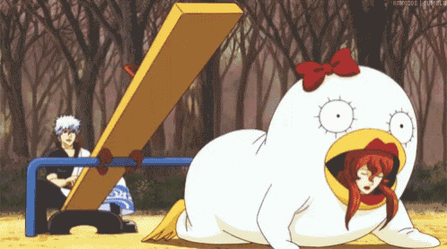 a cartoon of a chicken laying on the ground with a bow on its head