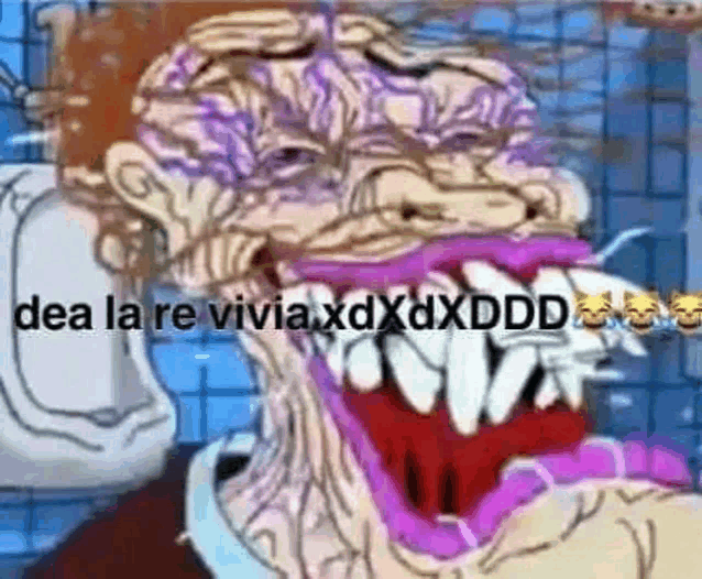 a cartoon of a man with a large mouth and teeth is eating something .