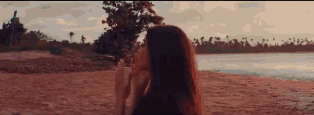 a woman with long hair is standing on a beach looking at the water .