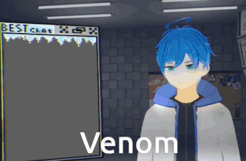 a boy with blue hair stands in front of a sign that says best chat