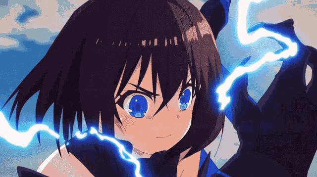 a girl with black hair and blue eyes is holding a lightning bolt