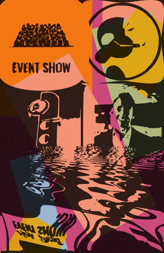 a colorful poster for an event show with a flooded city