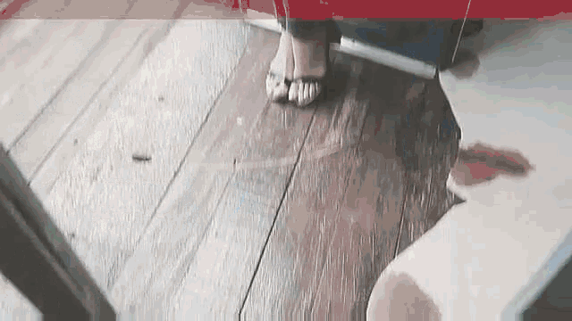 a woman 's feet are standing on a wooden floor with a stain on the floor .