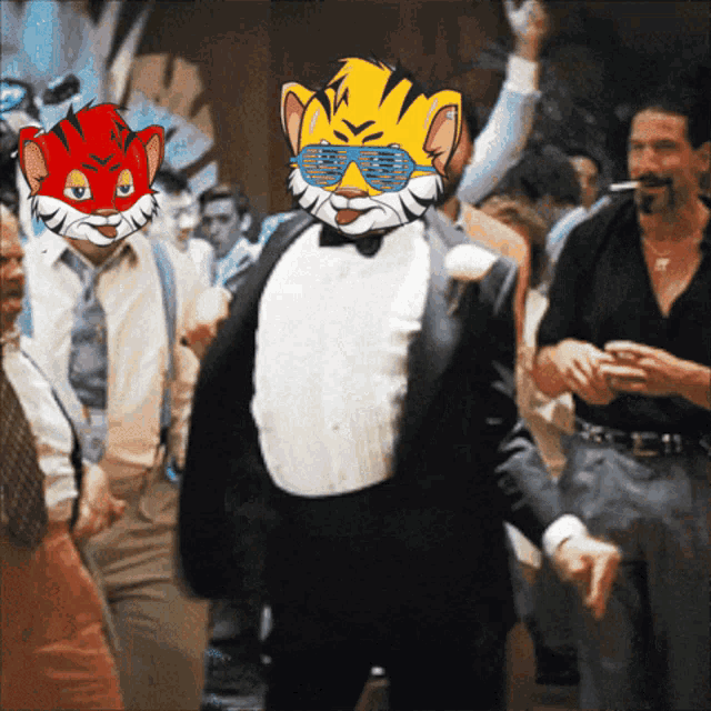 a man in a tuxedo is dancing with a cartoon cat wearing sunglasses