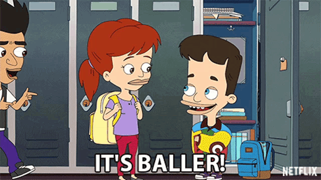 a cartoon of a boy and a girl standing in front of lockers and the girl says it 's baller