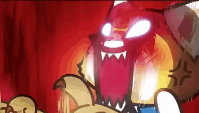 a cartoon character with a big red mouth and teeth is angry and screaming .
