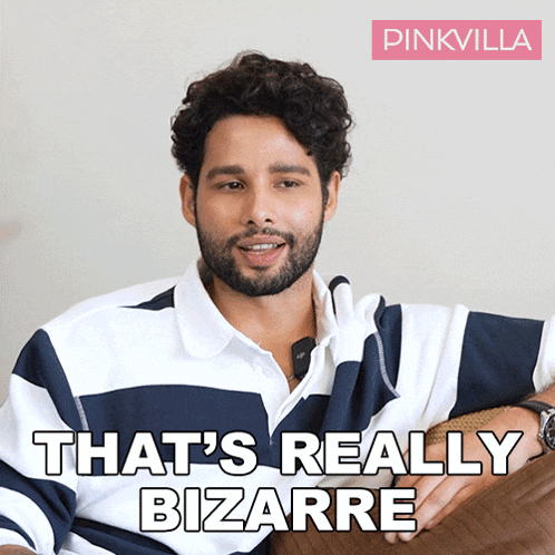 a man with a beard is sitting on a couch with the words that 's really bizarre above him
