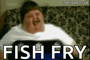 a fat man is sitting on a couch with the words `` fish fry '' written next to him .