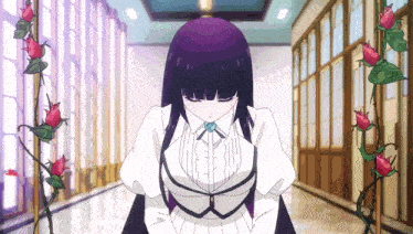 a girl with purple hair is standing in a hallway