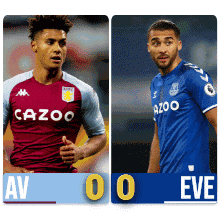 two soccer players are standing next to each other on a scoreboard