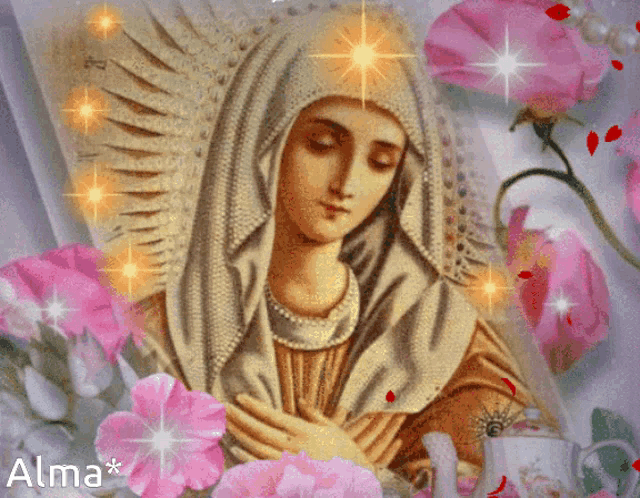 a painting of a woman surrounded by pink flowers with the word alma on the bottom right