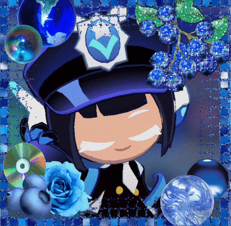 a cartoon character wearing a police hat is surrounded by blue flowers and bubbles