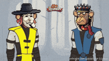 a cartoon of two monkeys standing next to each other with the words ate reunion on the bottom right