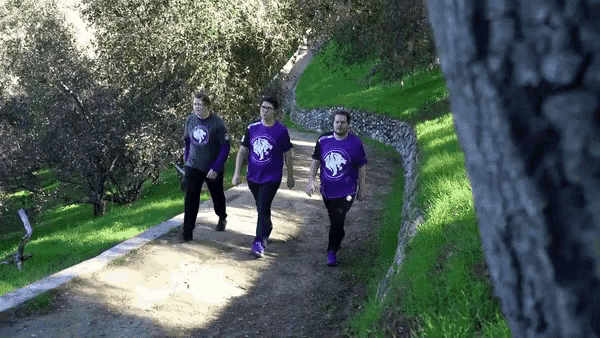 three people are walking down a path and one of them is wearing a purple shirt with a wolf on it