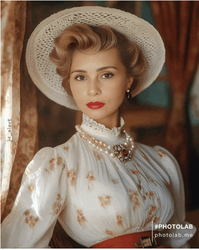 a woman wearing a hat and a pearl necklace is featured on a photo lab page