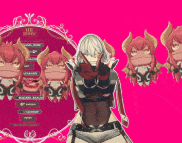 a girl with horns is standing in front of a pink sign that says the room