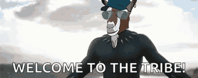 a cartoon of a goat wearing sunglasses and a hat with the words welcome to the tribe below it