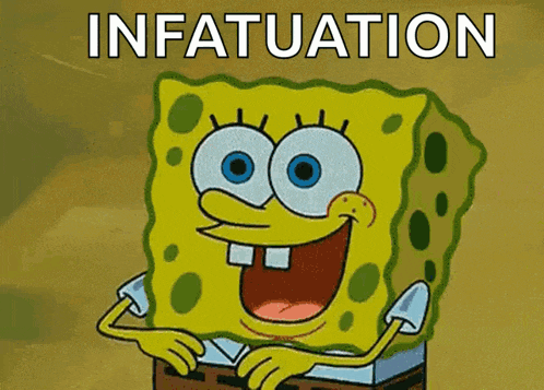 a cartoon of spongebob with the word infatuation written above him