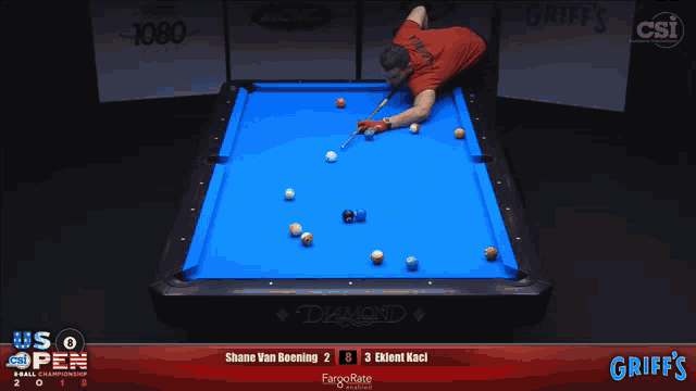 a pool table with griff 's written on the bottom right